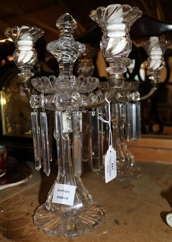Pair cut glass 2-branch lustre candelabra